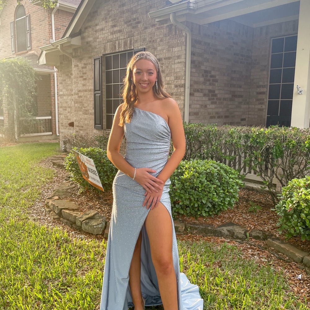 Ice Blue Prom Dress Size 8 Sparkly One Shoulder Slit